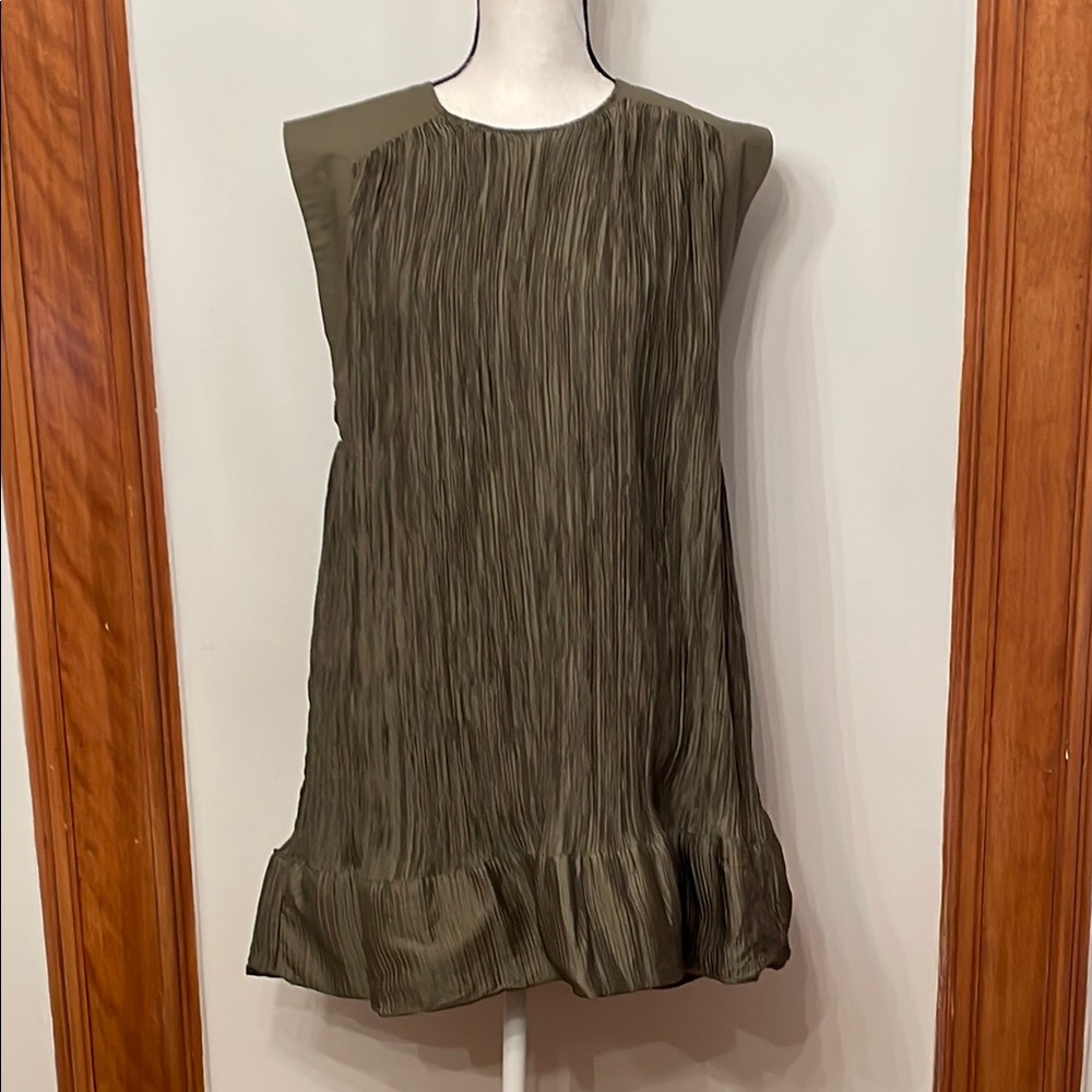 Anthropologie Green Sheath Dress with Pleats and Ruffles